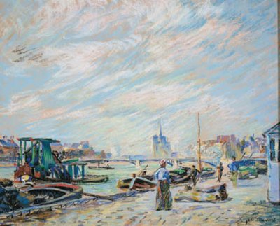Uitzicht over Quai Sully, nu Quai Henri IV genoemd, met Notre Dame op de achtergrond door Armand Guillaumin