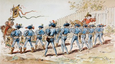 Een 16e-eeuwse marsband met trommels en fluiten door Armand Jean Heins