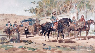 Een door paarden getrokken openbare diligence of koets uit de 17e eeuw met bereden escorte door Armand Jean Heins