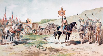 Kruisvaarders op mars in de 11e eeuw met een door paarden getrokken bevoorradingswagen, 1886 door Armand Jean Heins