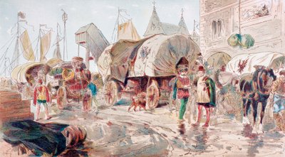 Paardenwagens vol goederen van de Hanze arriveren in een haven, 16e eeuw, 1886 door Armand Jean Heins