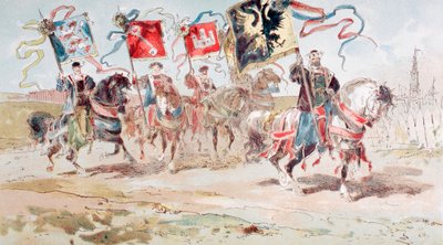Ruiters met banieren van de Hanze en van steden die tot de Hanze behoren door Armand Jean Heins