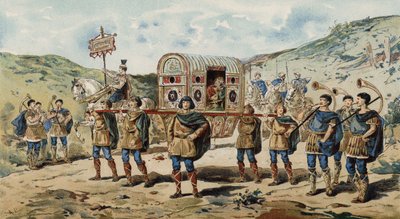 Draagstoel met Begeleiding, Vergezeld door Buccina Spelers. Tijd van Karel de Grote, 9e Eeuw door Armand Jean Heins