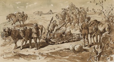 Ossengetrokken slee en pakpaarden in primitieve tijden door Armand Jean Heins