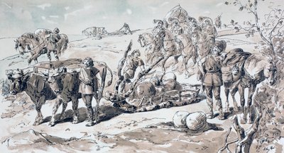 Ossen trekken een primitieve slee beladen met stenen door Armand Jean Heins