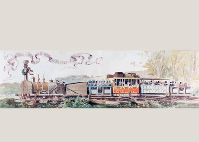 Schilderij ter viering van de eerste trein van Brussel naar Mechelen in 1835 door Armand Jean Heins