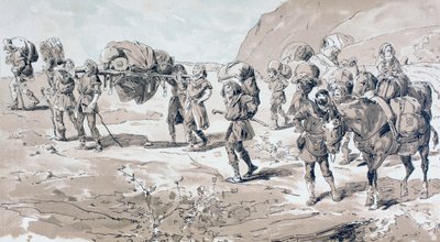 Dragers die goederen in manden op hun rug dragen door Armand Jean Heins