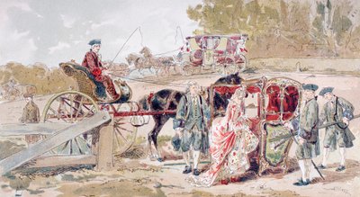 Rijke dame stapt in een draagstoel door Armand Jean Heins