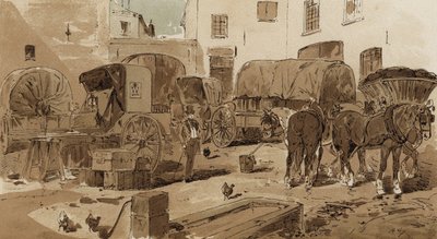 Koninklijke Nederlandse Postkoets, cabriolet, wijnwagen en kolenwagen door Armand Jean Heins