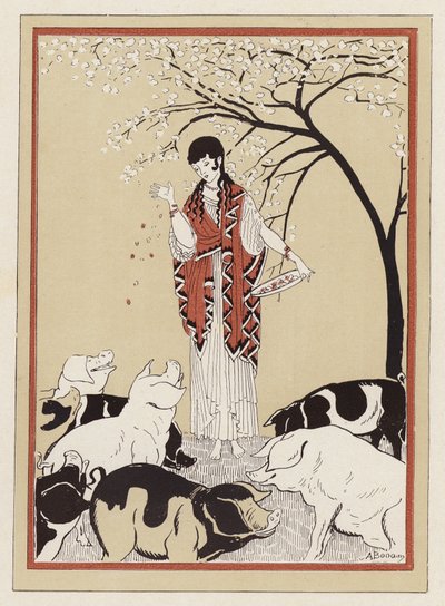 Circe voedt de metgezellen van Odysseus nadat ze in varkens zijn veranderd door Armand Joseph Bonamy