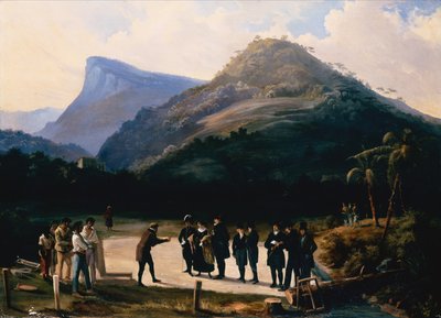 Een Architect met zijn Beschermheren die zich Voorbereiden om de Eerste Steen van een Villa onder de Corcovado-berg te Leggen door Arnaud Julien Pallière