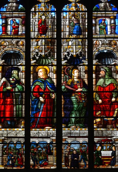 Sint Matthias (Mathias), Ezra (of Ezra), de profeet Habakuk (of Habaquq) en de Sibylle Tiburtine (of Albunea van Tibur) - Glas-in-lood van de Kapel van de Passie, van Arnaud de Moles (1470-1520) voltooid in 1513 - Kathedraal Sainte Marie d