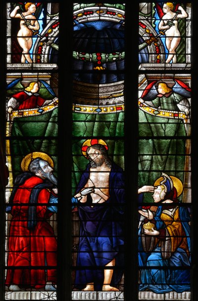 De verrezen Christus neemt de hand van Sint Thomas om hem zijn wonden te laten zien en raakt met de andere hand het voorhoofd van Sint Maria Magdalena aan - Glas-in-lood uit de kapel Notre Dame d