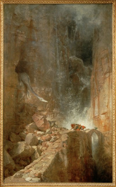 Ein Drache in einer Felsenschlucht - Een draak in een rotskloof ... (schilderij op doek) door Arnold Böcklin