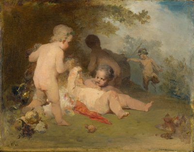 Putti en een jonge sater in een bos door Arnold Böcklin