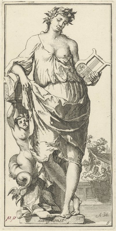 Personificatie van de zangkunst (serie titel: Een-en-veertigh stuks, verscheydene Sinnebeelden) door Arnold Houbraken