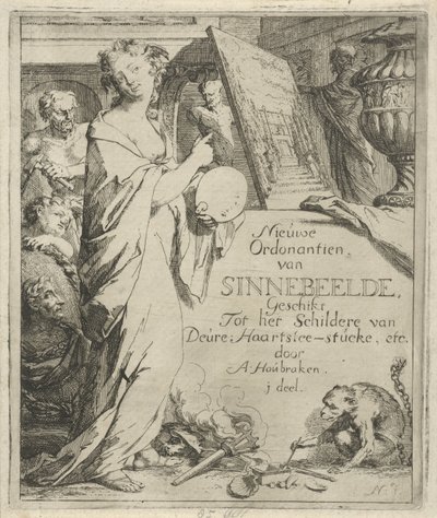 Vrouwfiguur met palet wijzend op een schilderij door Arnold Houbraken