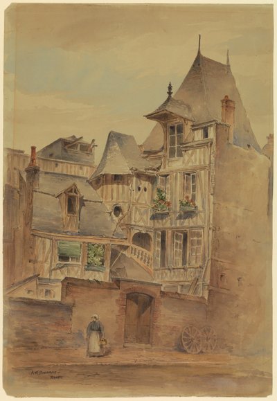 Tekening, Straatbeeld met middeleeuwse huizen, ca. 1885 door Arnold William Brunner