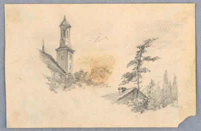 Schets van kerktoren en dak door Arnold William Brunner
