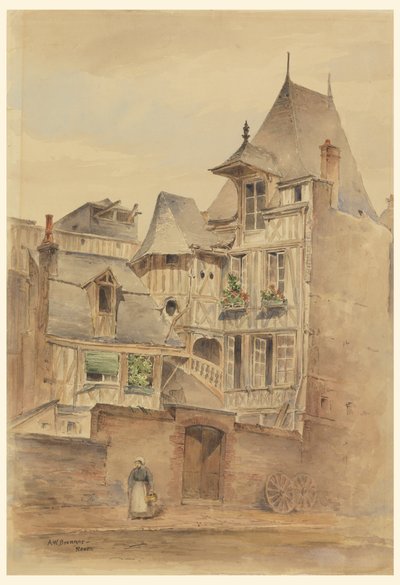 Straatscène met middeleeuwse huizen door Arnold William Brunner