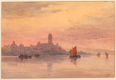Zonsondergang over zeilboten door Arnold William Brunner