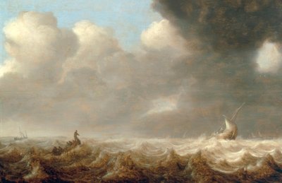 Vissersboten op ruwe zee door Arnoldus van Anthonissen