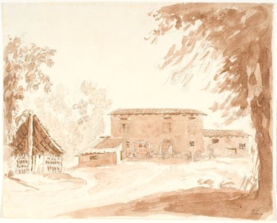 Boerderijgebouwen in een landschap met wagen, dieren en mensen door Aron Wallick