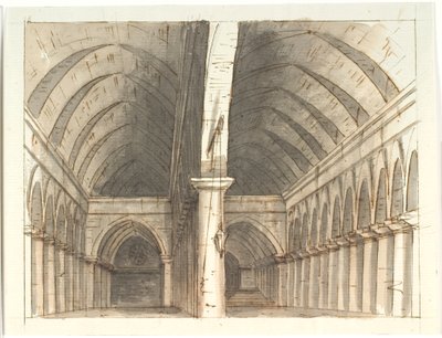 Interieur van de begane grond in een kerk (?) met zuilen en gewelven door Aron Wallick