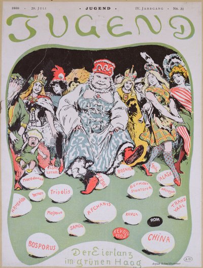Eierdans, cartoon over de Eerste Haagse Vredesconferentie, uit het Duitse tijdschrift Jugend, 29 juli 1899 door Arpad Schmidhammer