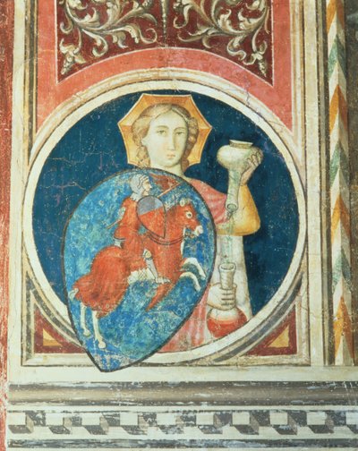 Allegorische figuur van Gematigdheid, een van de verschillende afbeeldingen van de Deugden die Militaire Rechtvaardigheid omlijsten uit de Salone del Consiglio door Arrigo di Niccolo