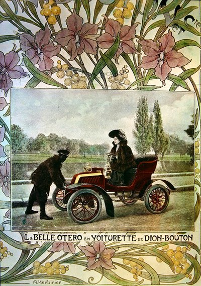 La Belle Otero aan het stuur van een De Dion-Bouton auto door Arsene Herbinier