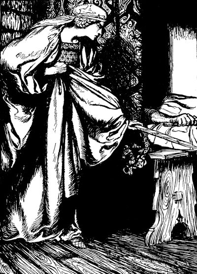 Morgan le Fay steelt Arthurs zwaard door Arthur (after) Rackham