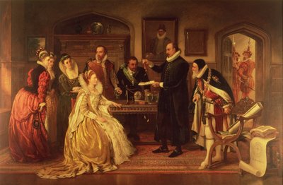 Dr. William Gilbert toont zijn experiment over elektriciteit aan koningin Elizabeth I en haar hof door Arthur Ackland Hunt