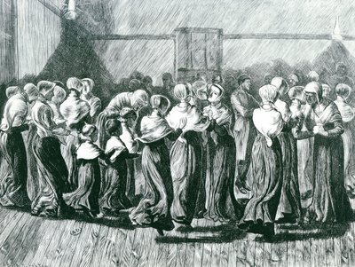 Shakers bij een Bijeenkomst: de Religieuze Dans, illustratie uit The Graphic, gepubliceerd op 14 mei 1870 door Arthur Boyd Houghton