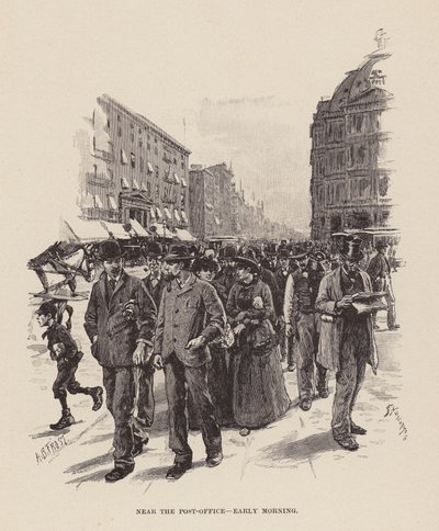 Nabij het Postkantoor, vroege ochtend (gravure) door Arthur Burdett Frost