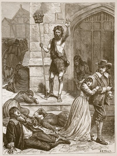 De maniak die het vonnis van Londen uitspreekt tijdens de Grote Pest, illustratie uit 