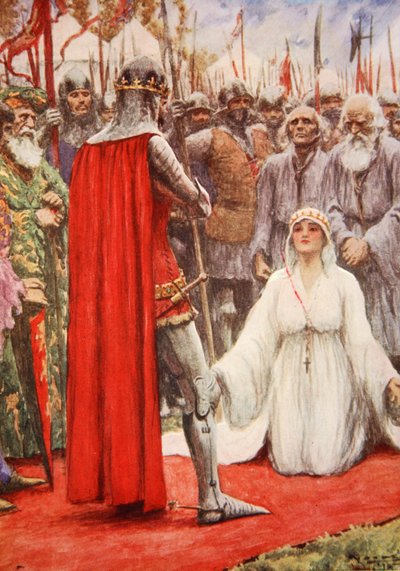 Koning Edward keek neer in de smekende ogen van koningin Philippa door Arthur C. (after) Michael