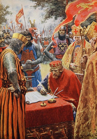 Koning Jan ondertekent met tegenzin de Magna Carta door Arthur C. (after) Michael