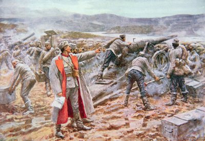 Servische artillerie in actie tegen de Oostenrijkers door Arthur C. (after) Michael