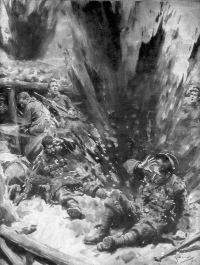 Een Duitse Granaat Ontploft in een Britse Loopgraaf, 1914, 1926 door Arthur C. Michael