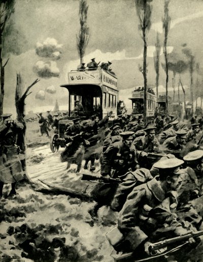 Londense bussen gebruikt om troepen naar het front te vervoeren, Eerste Wereldoorlog, 1914-1918, ca. 1920 door Arthur C. Michael
