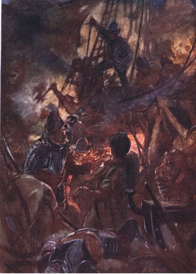 Hevig woedde de strijd en lang, illustratie uit Romance of History: Nederland, 1920s door Arthur David McCormick