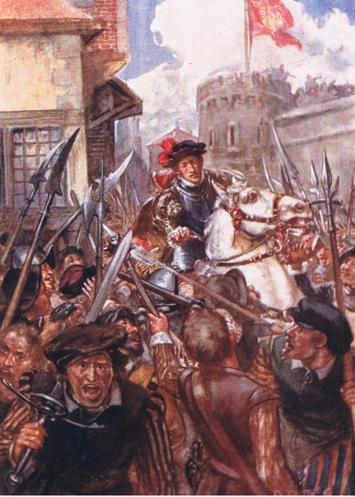 Hij besteeg zijn paard en reed rustig en zonder begeleiding naar de rode poort, illustratie uit Romance of History: Nederland, 1920s door Arthur David McCormick