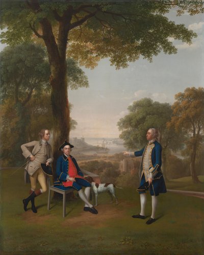 Arthur Holdsworth in gesprek met Thomas Taylor en kapitein Stancombe bij de rivier de Dart door Arthur Devis
