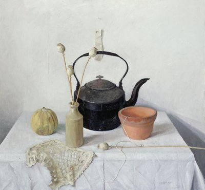 Ketel, Papaverkoppen en Kalebas, Stilleven door Arthur Easton