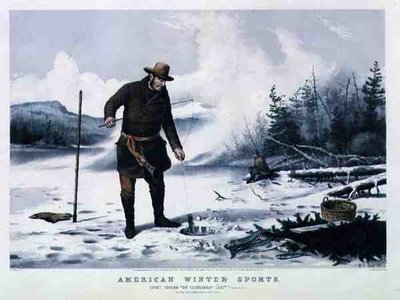 Amerikaanse Wintersporten: Forelvissen op Chateaugay Lake, uitgegeven door Currier & Ives door Arthur Fitzwilliam (after) Tait
