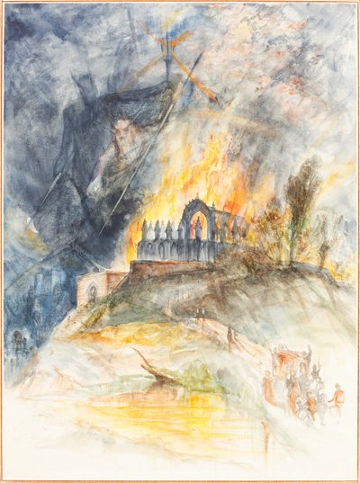 Een Kerkelijk Gebouw in Vlammen met Demonen Boven door Arthur Frederick Payne