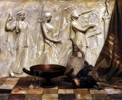 Een Skyphos, een Kylix, een Wijnglas en een Egyptische Ketting bij een Griekse fries door Arthur Hacker