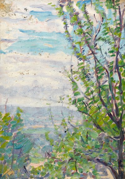 Blauwe lucht en wolken met takken van fruitbomen op de voorgrond door Arthur Haythorne Studd