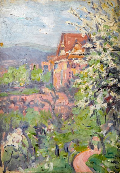 Huis met lentebloesemboom op de voorgrond door Arthur Haythorne Studd